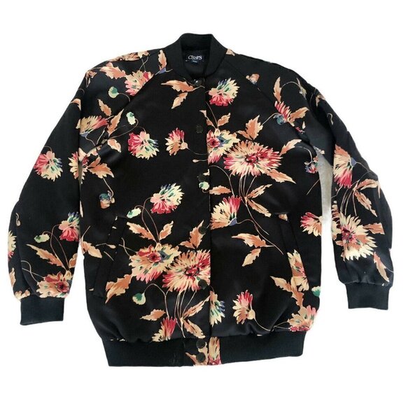 Chaps Black Floral Snap Front Satin Bomber Jacket - Picture 9 of 9